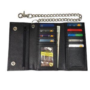 Men's Black Long Leather Motorcylce Biker Chain RFID Wallet NEW in BOX